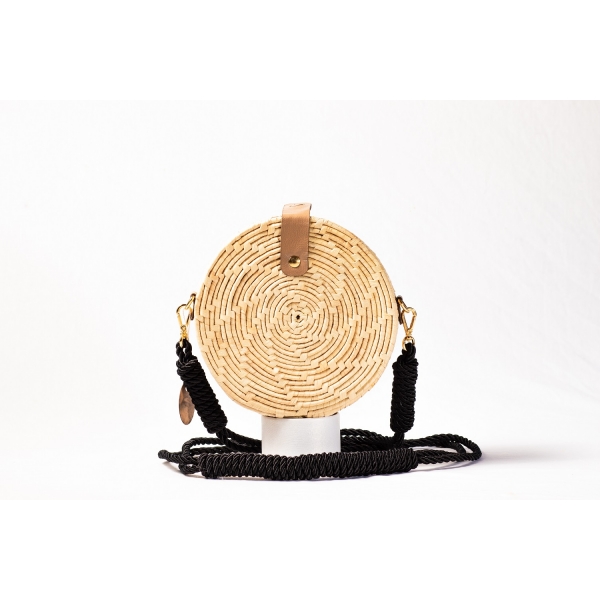 Bolsa de Palha Flor - Redonda P - Madrepérola Claro com Preto