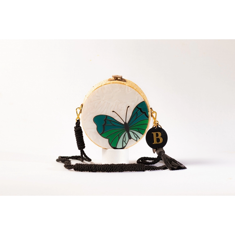 Bolsa de Palha Borboleta - Redonda P - Madrepérola Claro com Verde