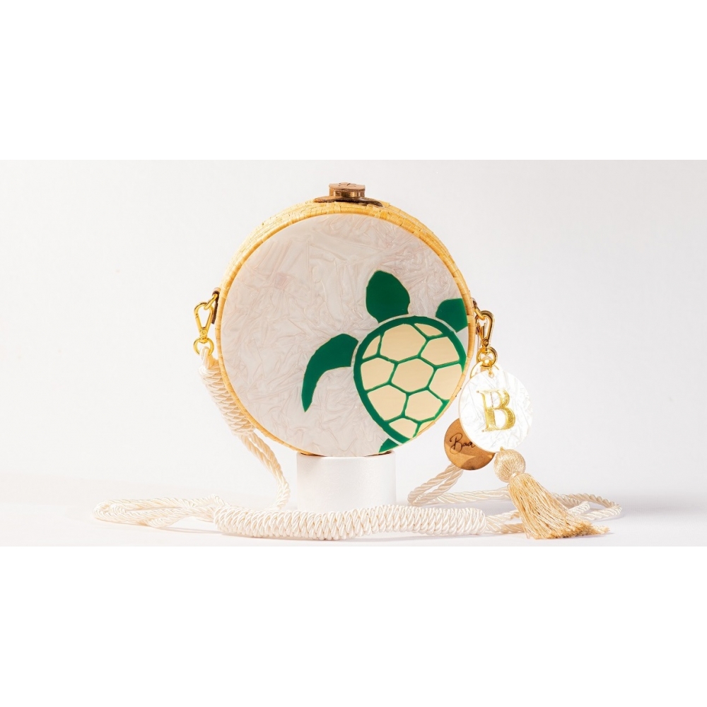 Bolsa de Palha Tartaruga - Redonda P - Madrepérola Claro com Verde
