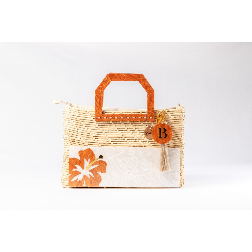 Bolsa de Palha Praia - Quadrada - Flor - Madrepérola claro com  marrom