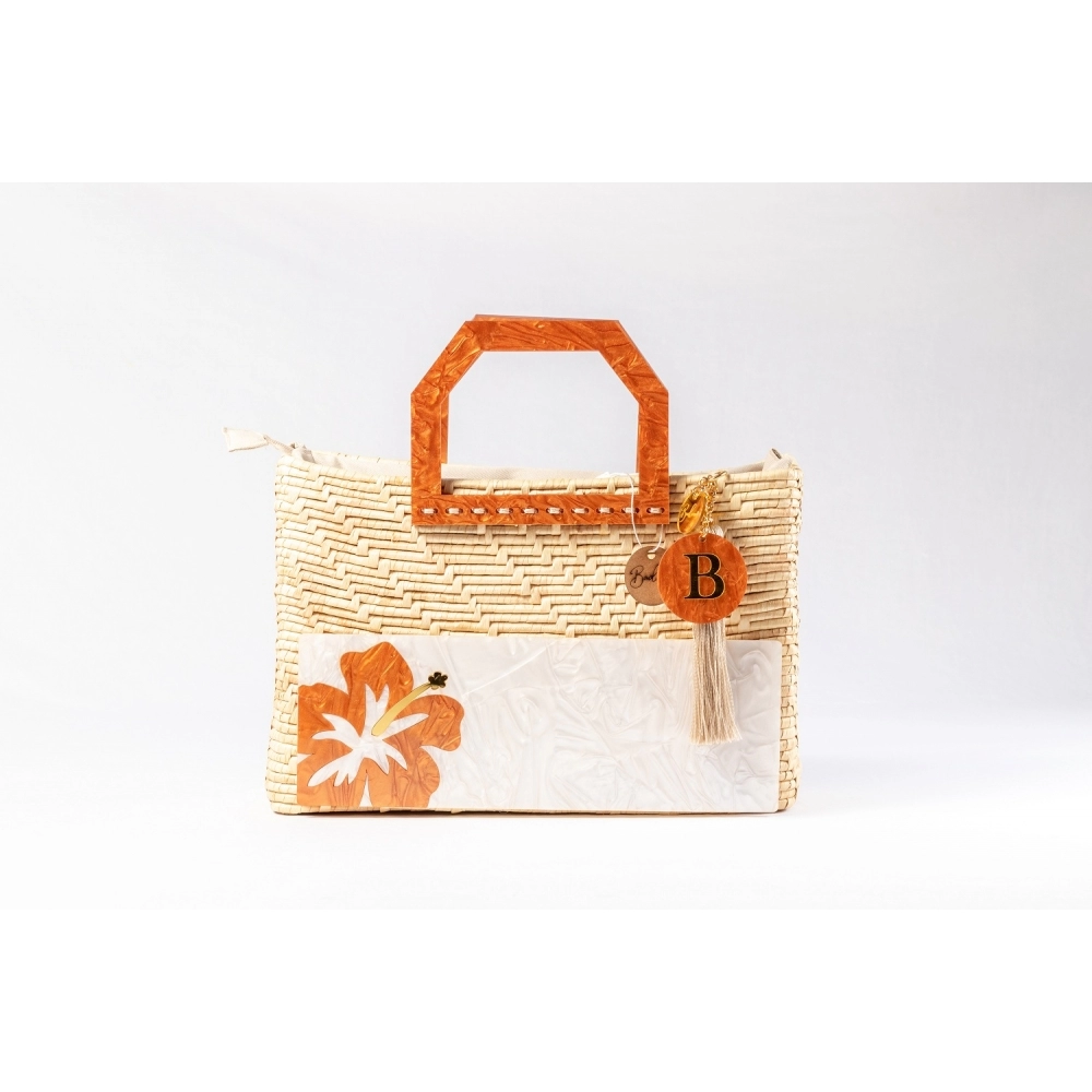 Bolsa de Palha Praia - Quadrada - Flor - Madrepérola claro com  marrom