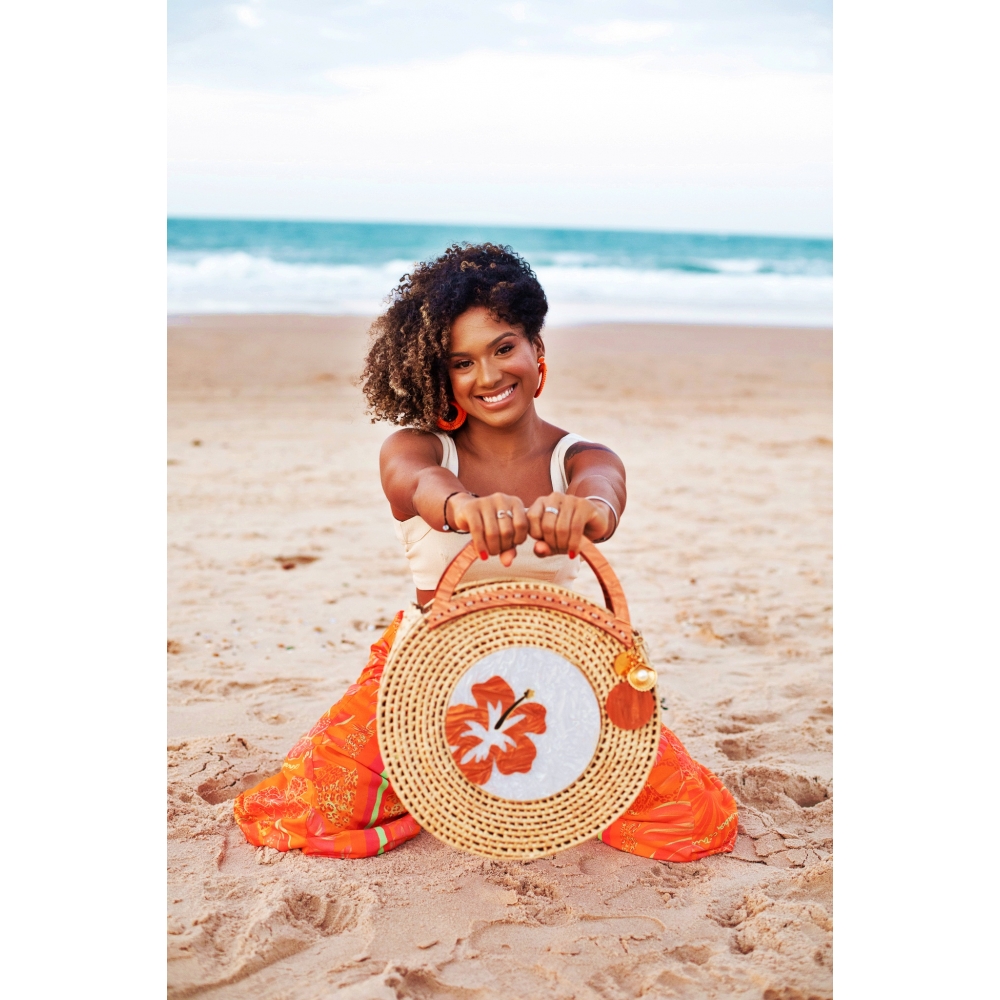 Bolsa de Palha Praia Flor - Madrepérola Claro com marrom