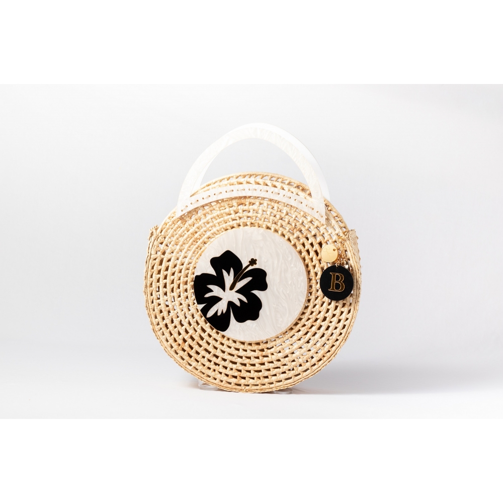 Bolsa de Palha Praia Flor - Madrepérola Claro com Preto