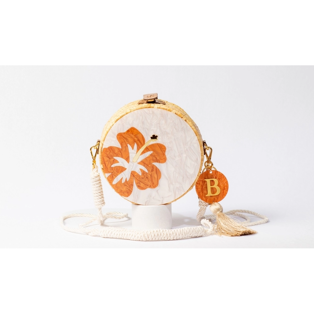 Bolsa de Palha Flor - Redonda P - Madrepérola Claro com Madrepérola Marrom