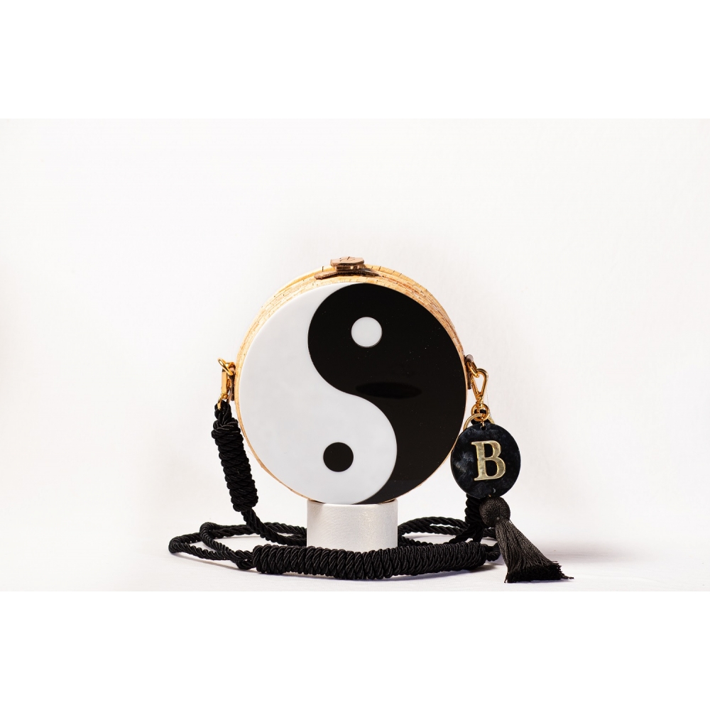 Bolsa de Palha Yin-Yang- Redonda P - Branco com Preto