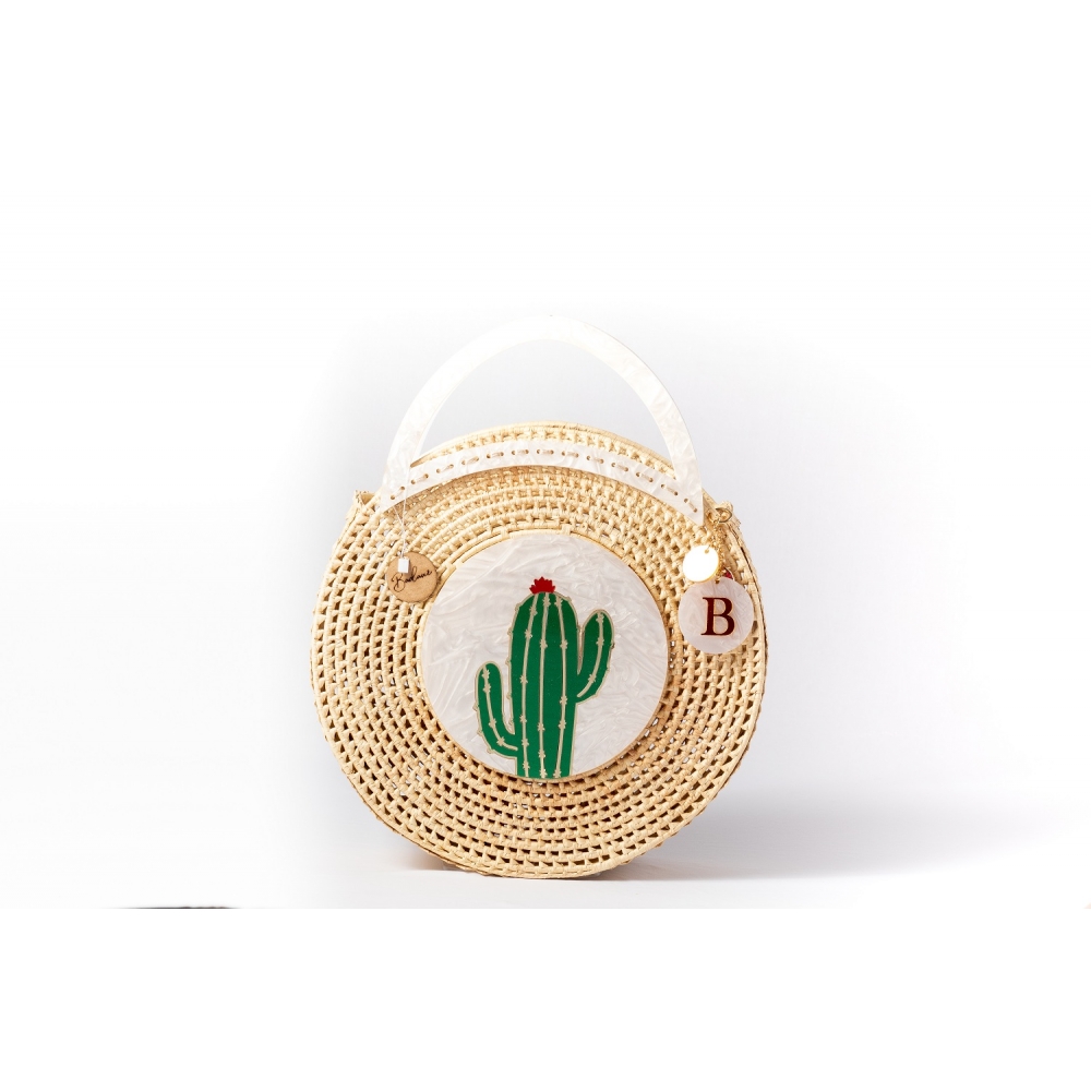 Bolsa de Palha Praia Cacto - Madrepérola Claro com Verde