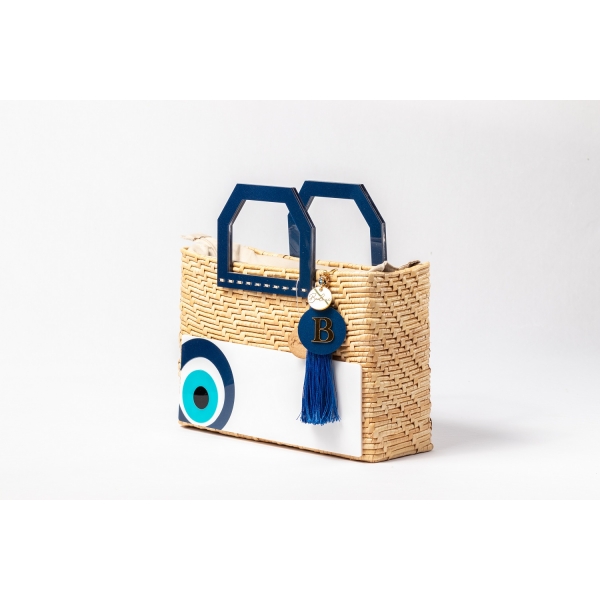 Bolsa de Palha Praia - Quadrada -  Olho grego - - Azul