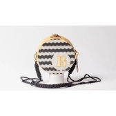Bolsa de Palha Ondinha com Inicial - Redonda P - Madrepérola Claro com Preto