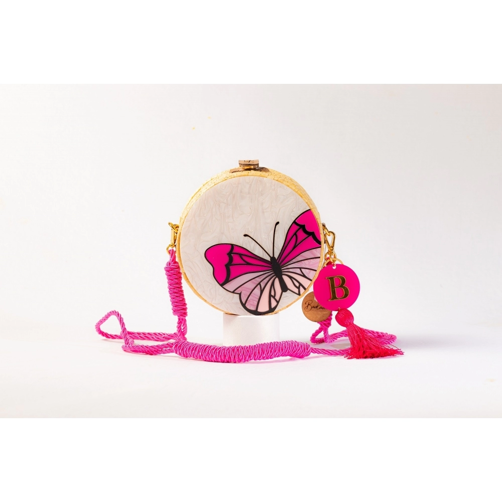 Bolsa de Palha Borboleta - Redonda P - Madrepérola Claro com Rosa