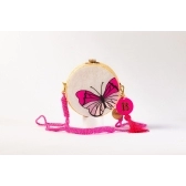 Bolsa de Palha Borboleta - Redonda P - Madrepérola Claro com Rosa