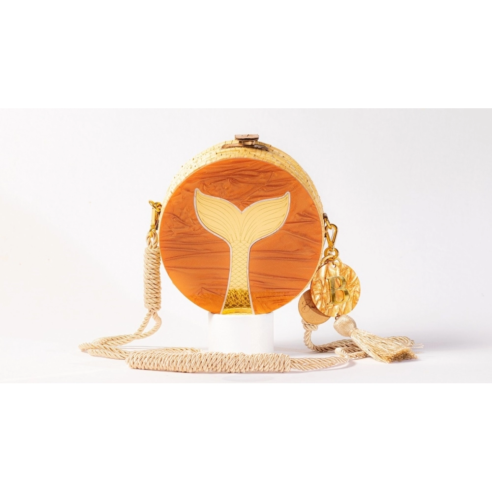 Bolsa de Palha Rabo de Sereia - Redonda P - Madrepérola Marrom com Madrepérola Claro