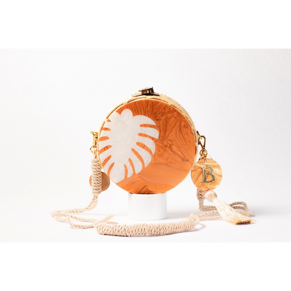 Bolsa de Palha Folha - Redonda P - Madrepérola Marrom com Madrepérola Claro