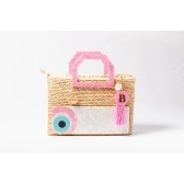 Bolsa de Palha Praia - Quadrada -  Olho grego - - Rosa Madrepérola