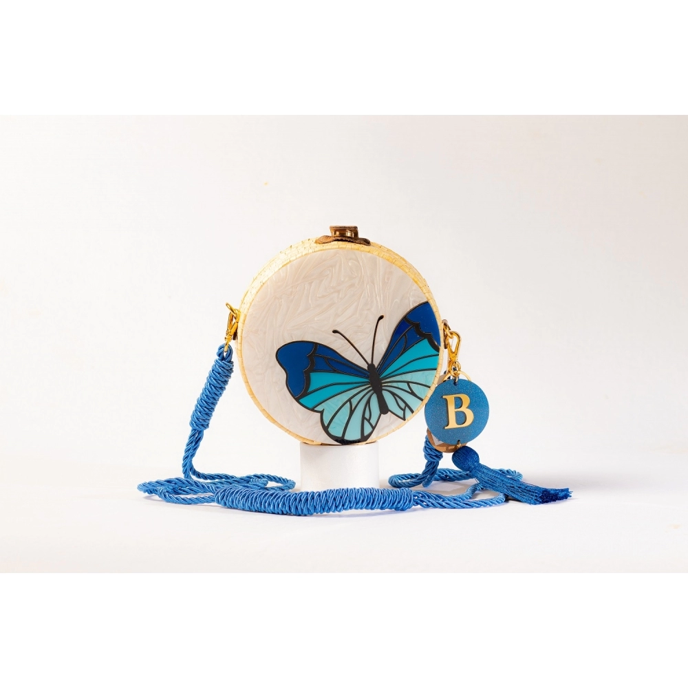 Bolsa de Palha Borboleta - Redonda P - Madrepérola Claro com Azul