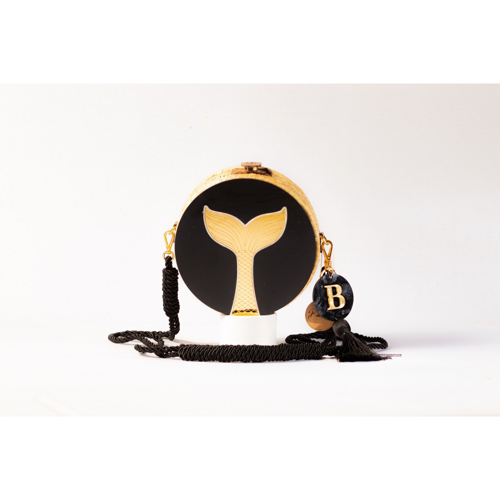 Bolsa de Palha Rabo de Sereia - Redonda P - Preto com Madrepérola Claro