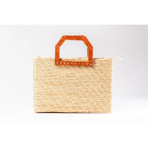 Bolsa de Palha Praia - Quadrada - Flor - Madrepérola claro com  marrom