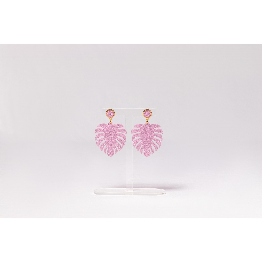 Brinco Folha M - Rosa bebê glitter