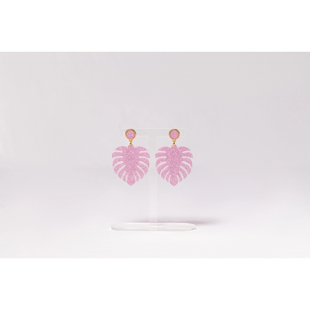 Brinco Folha M - Rosa bebê glitter